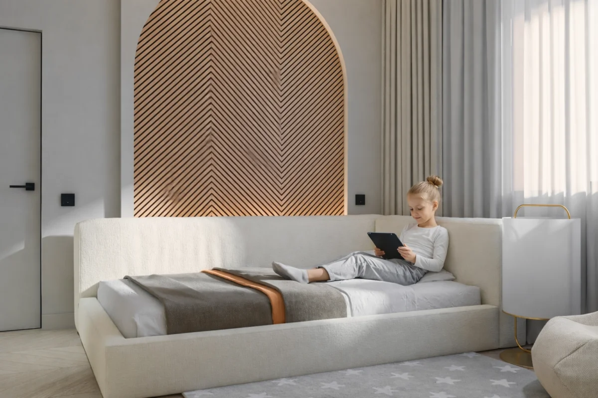 Детская комната в мягком минимализме — свет, дерево и уют — планировка